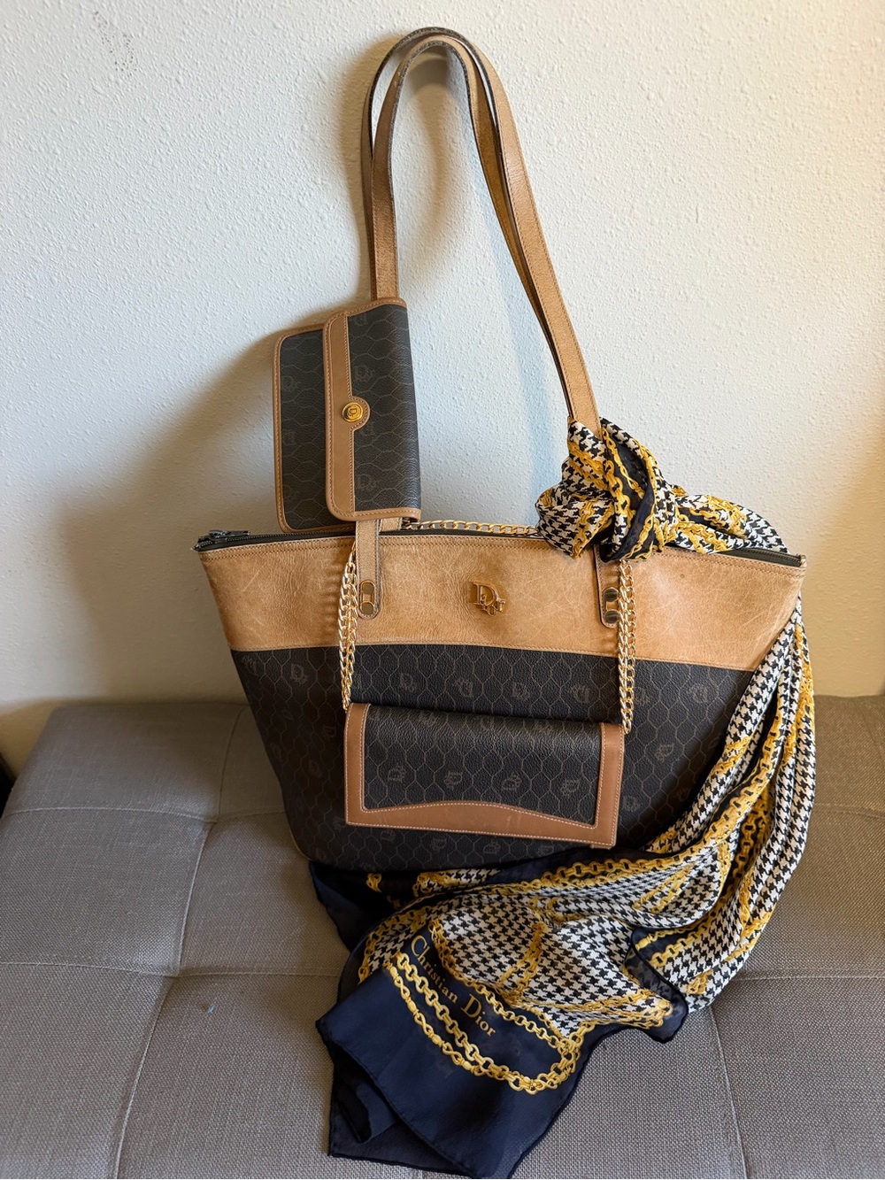 Dior Black Honeycomb & Tan Leather Vintage Tote, Long Wallet, Pouch & Scarf Set!